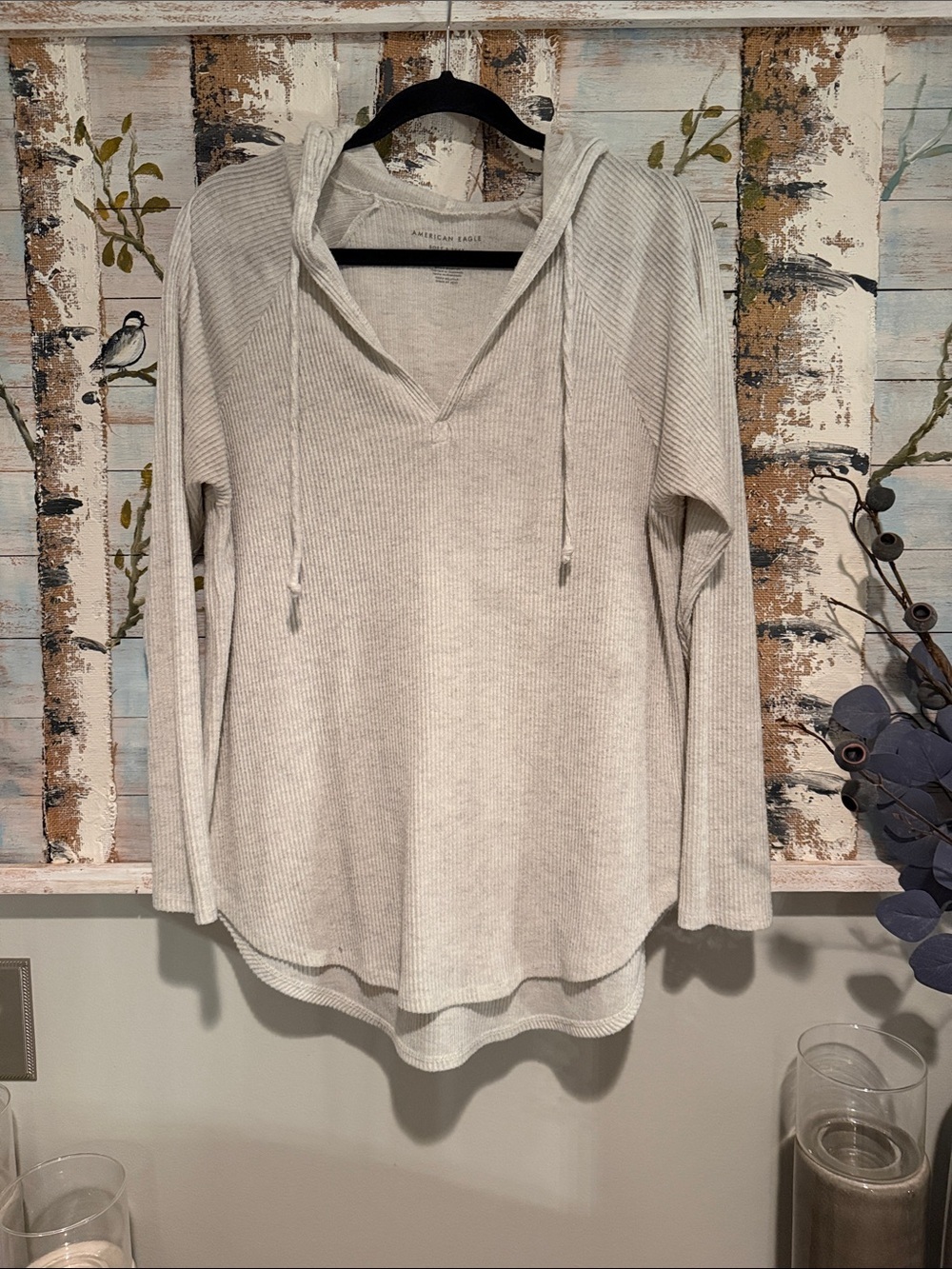 American Eagle Outfitters Cream Ribbed Hooded Women's Top